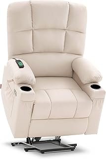 UOPYNE Recliner Chair with Dual Motor Power Lift, Massage and Heat, Cream White Leather - Ideal for Elderly People - Home Theater Seating, Small Chair