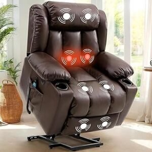 UOPYNE Power Lift Recliner Chair with Massage for Elderly, Leather Adjustable Sofa with Remote Control, Cup Holders | Living Room Furniture