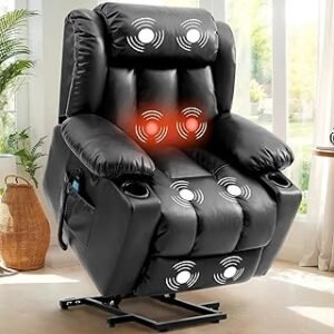 Extra Wide Leather Power Lift Recliner Chair with Heat and Massage, 2 Cup Holders, Side Pockets, USB Port for Elderly