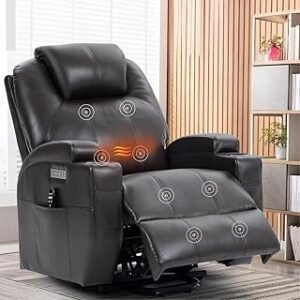 UOPYNE Power Lift Recliner Chair with Massage and Heating Functions, Leather Sofa with Remote Control and Two Cup Holders, Suitable for Living Room