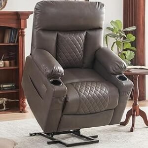 YZABEL Large Genuine Leather Power Lift Recliner Chair, Dual Motor Recliner for Elderly,Extended Footrest and Lumbar Pillo...