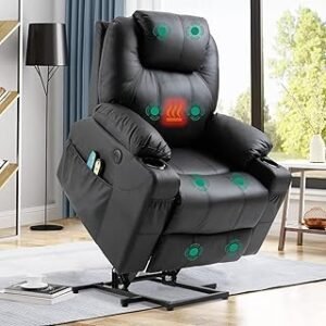 Elderly-Focused Electric Power Lift Recliner - Heated Vibration Massage Leather Chair with Remote, Cup Holders, Side Pockets, USB Ports
