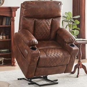 YZABEL Dual Motor Driving Power Lift Recliner Chair, Large Lay Flat Leather Recliner with Massage and Heat, One Touch Rese...