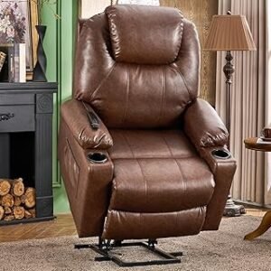 Electric Power Lift Recliner Chair for Elderly with Massage & Heat - Large Genuine Leather Sofa with Cup Holders, USB & Type-C Ports