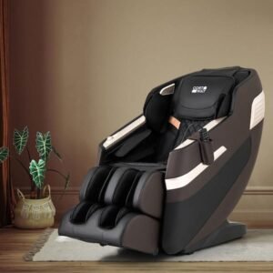 Full Body Faux Leather Massage Chair with Airbags Waist Heater Foot Rollers Voice Control Brown